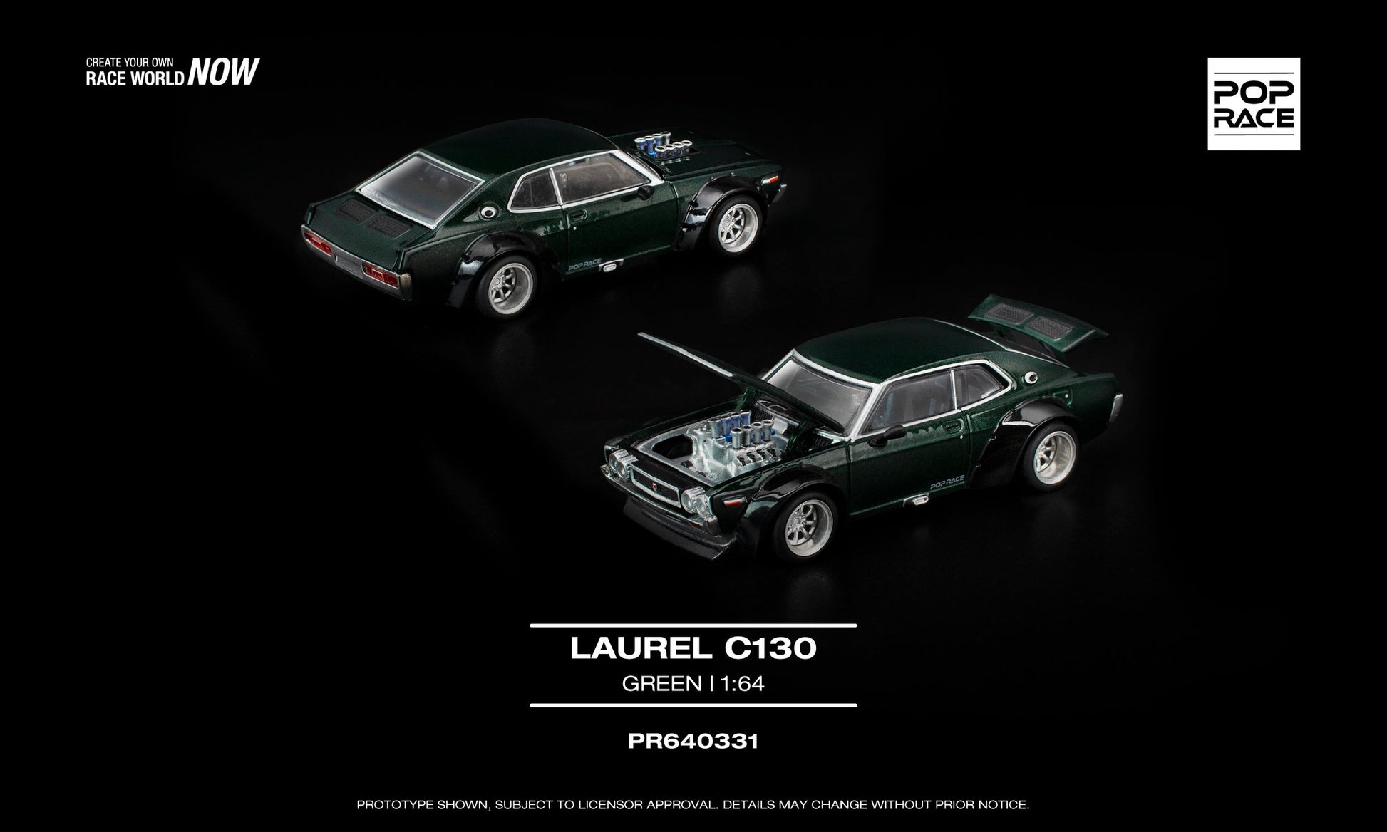 1:64 POP Race Laurel C130 Green with opening front and trunk, V8 drift replica model.