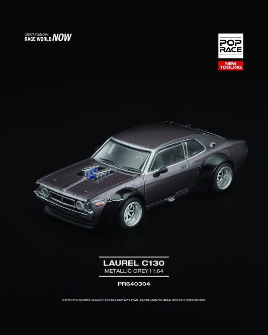 POP Race 1:64 Nissan Laurel C130 diecast in metallic grey with retro styling and chrome accents. Front