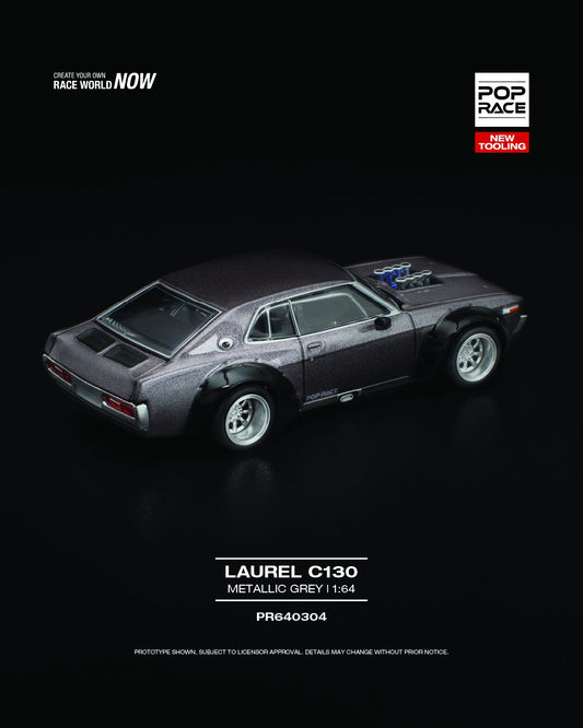 POP Race 1:64 Nissan Laurel C130 diecast in metallic grey with retro styling and chrome accents. back