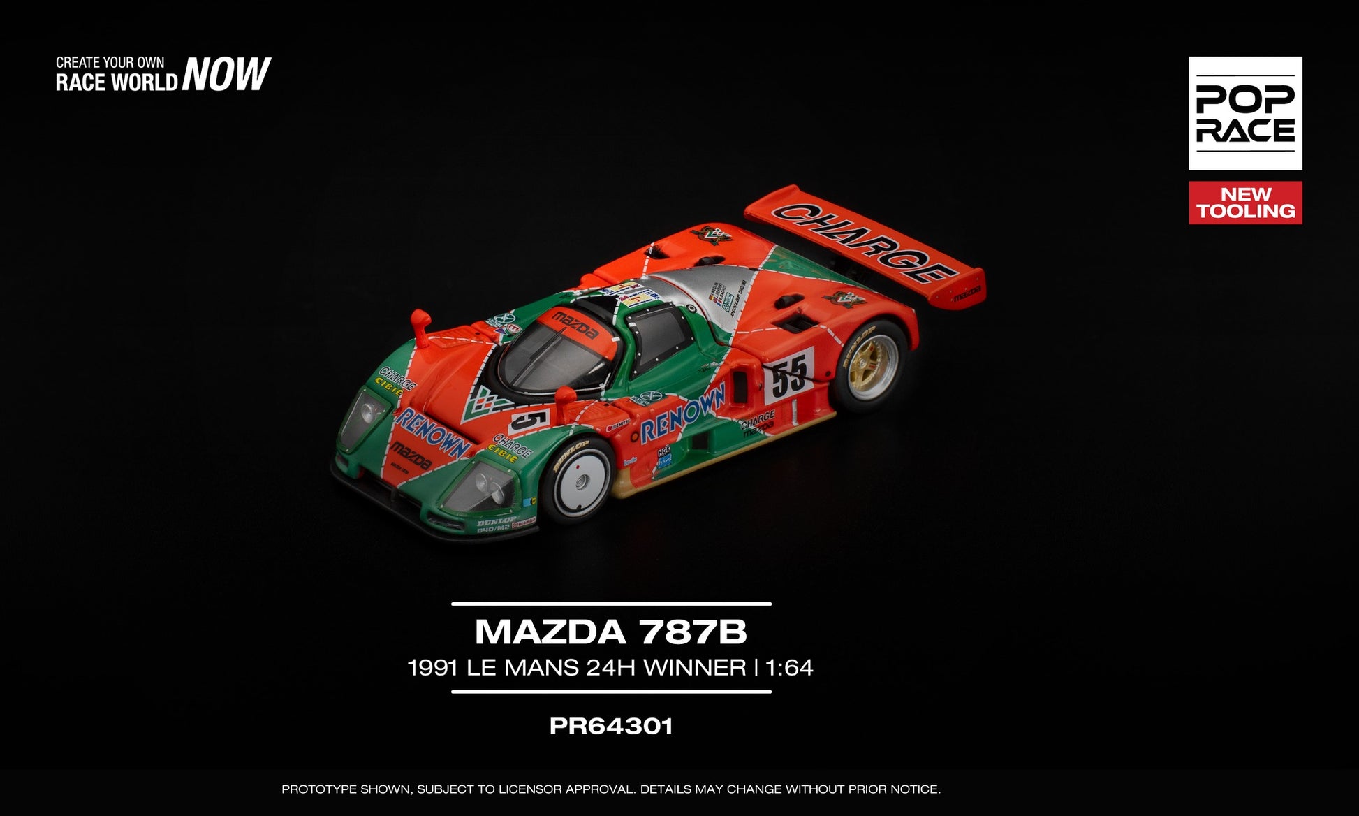 POP Race Mazda 787B 1991 Le Mans 24H Winner Renown livery 1:64 scale model car. Front