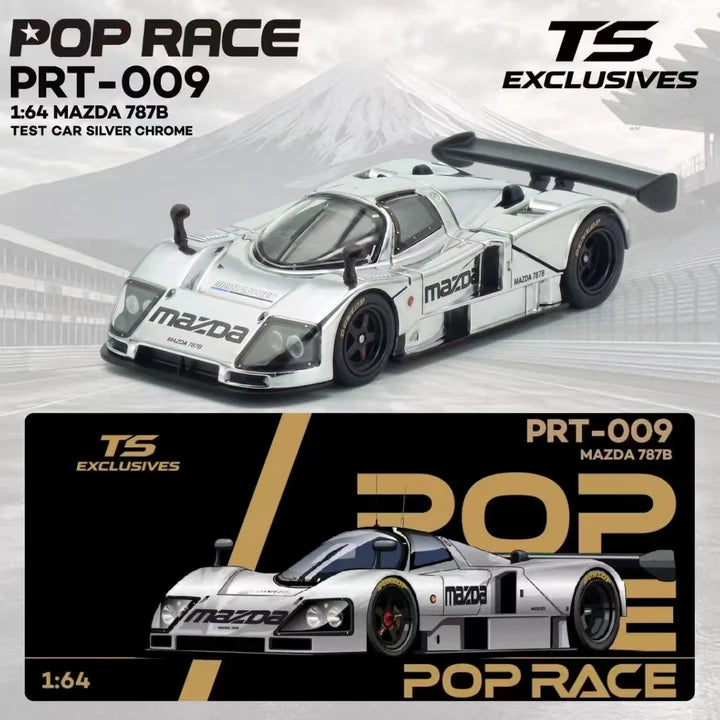 POP Race x Tokyo Station Mazda 787B Test Car in 1:64 scale with magnetic removable hoods and detailed engine.