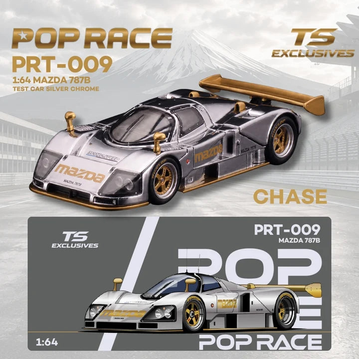 POP Race x Tokyo Station Mazda 787B Test Car in 1:64 scale with magnetic removable hoods and detailed engine.