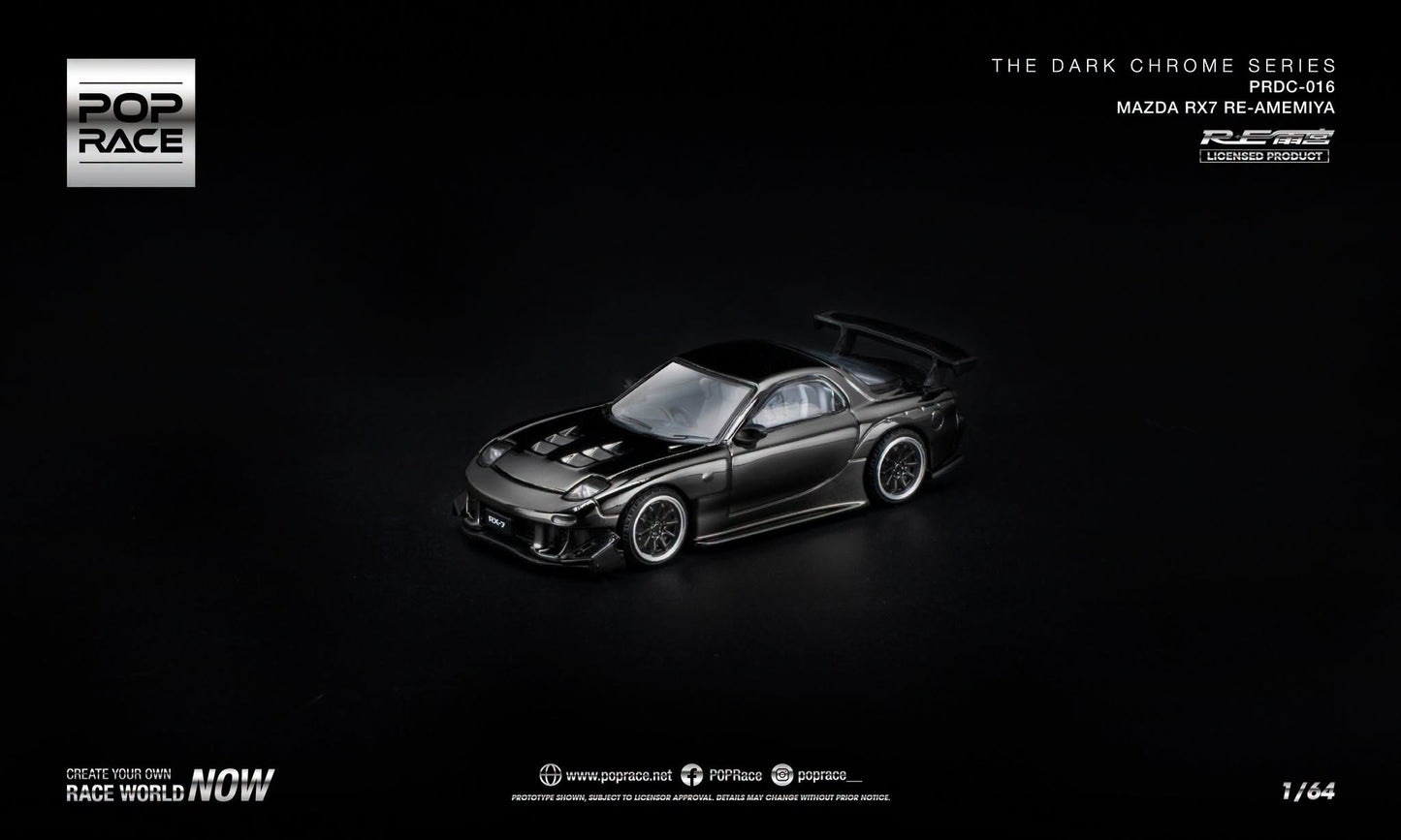 POP Race Mazda RX-7 FD3S RE-Amemiya Dark Chrome Series with opening hood.