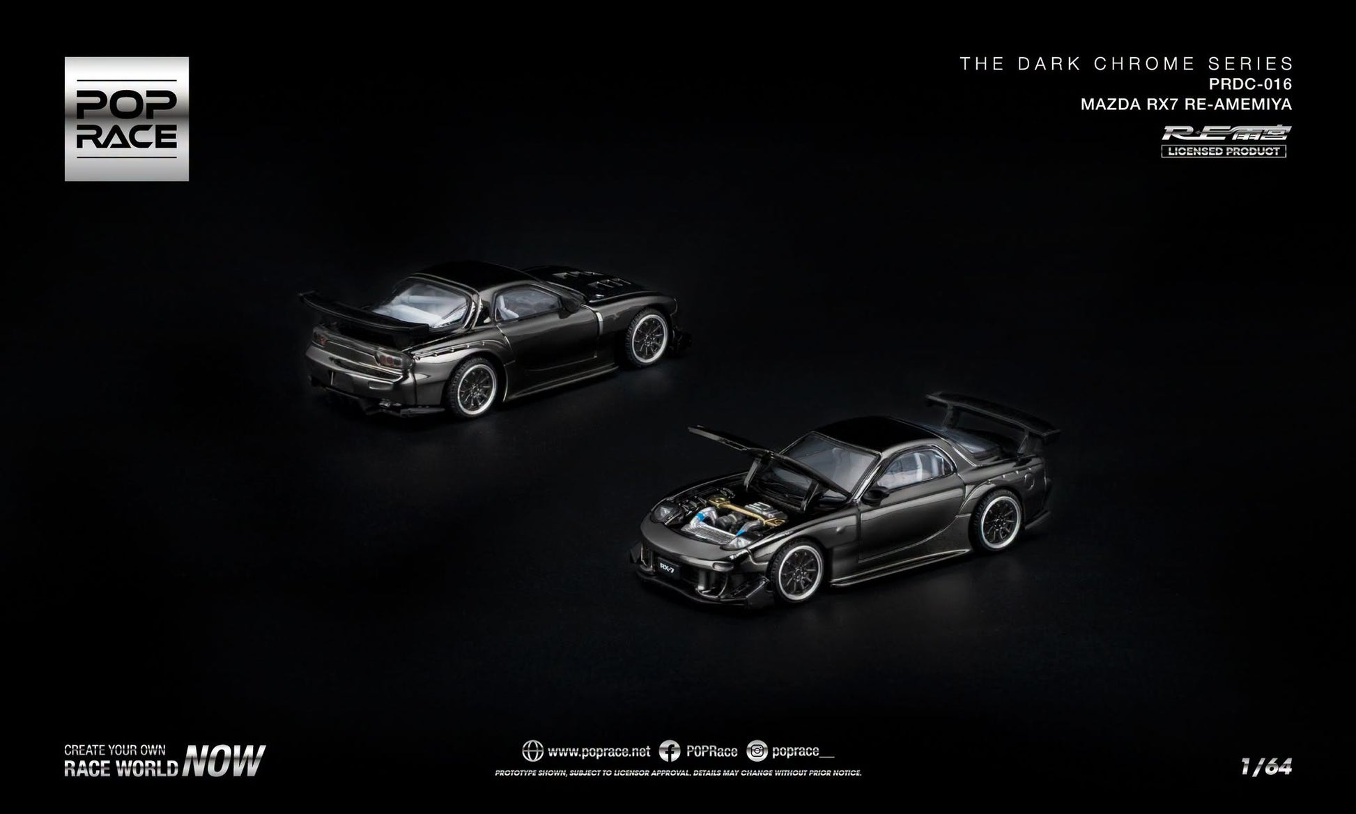 POP Race Mazda RX-7 FD3S RE-Amemiya Dark Chrome Series with opening hood.