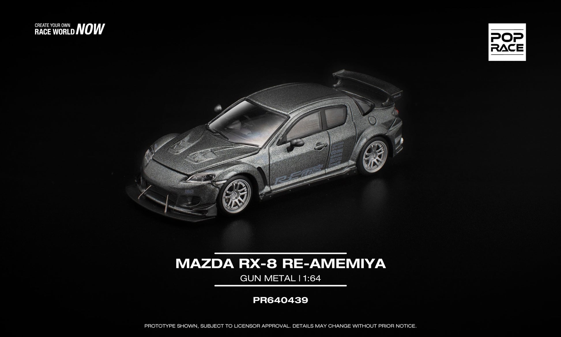 POP Race 1:64 Mazda RX-8 RE-Amemiya in matte gun metal grey, with opening front hood revealing a detailed rotary engine. Front