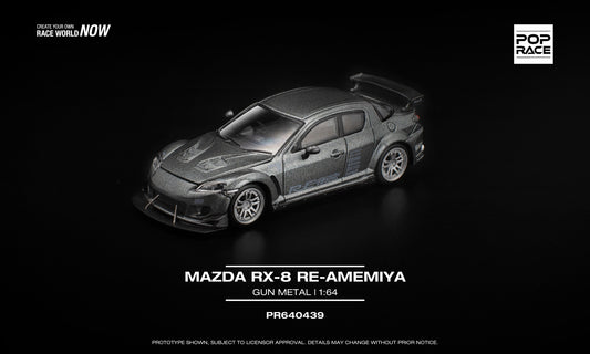 POP Race 1:64 Mazda RX-8 RE-Amemiya in matte gun metal grey, with opening front hood revealing a detailed rotary engine. Front
