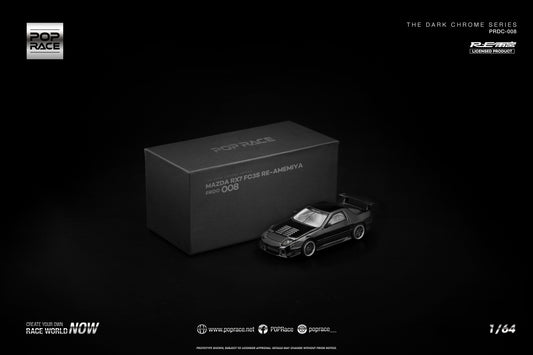 1:64 POP Race Mazda RX-7 FC3S RE-Amemiya Dark Chrome Series – rotary tuner die-cast in dark chrome. with packaging