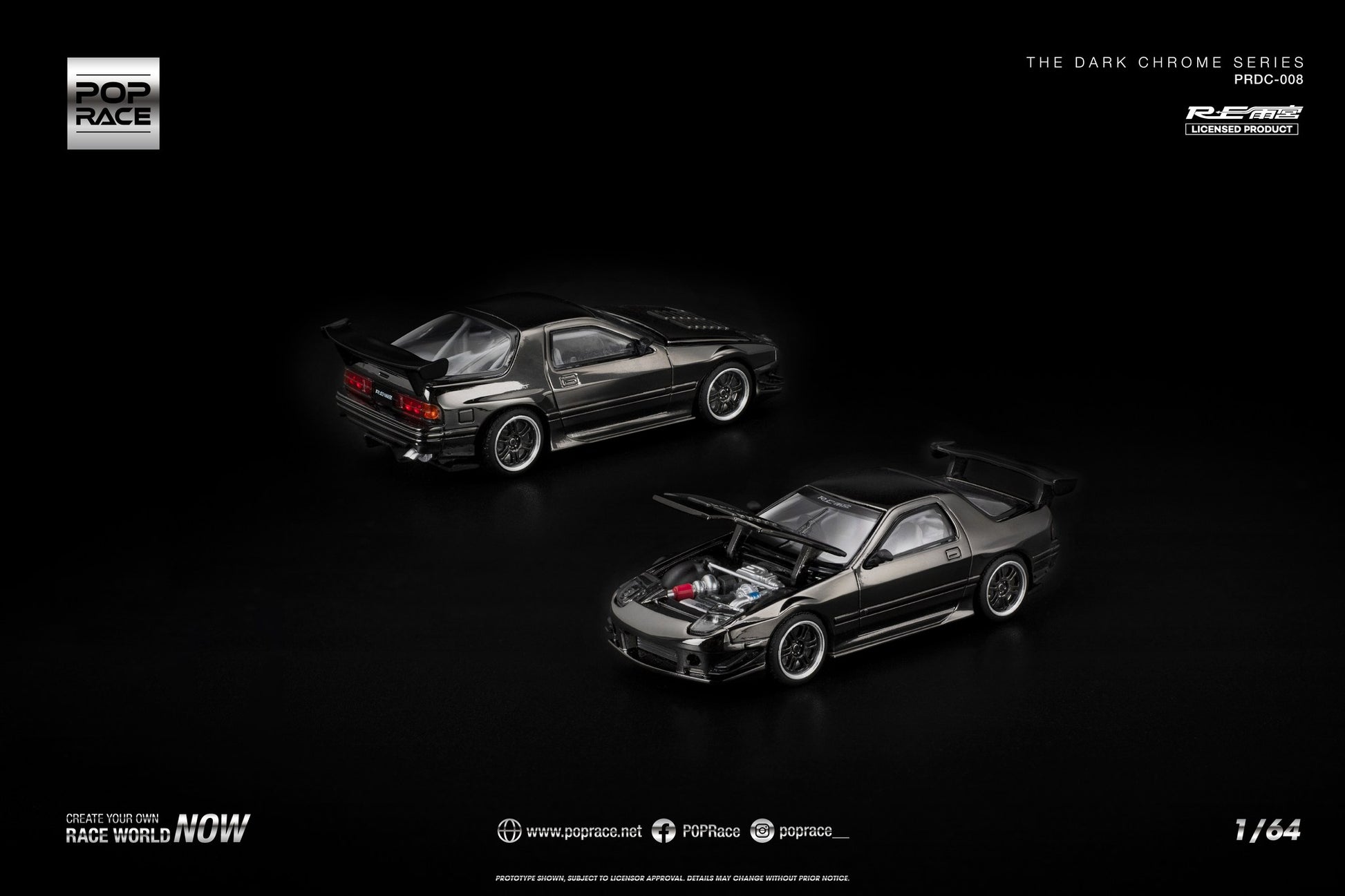 1:64 POP Race Mazda RX-7 FC3S RE-Amemiya Dark Chrome Series – rotary tuner die-cast in dark chrome.