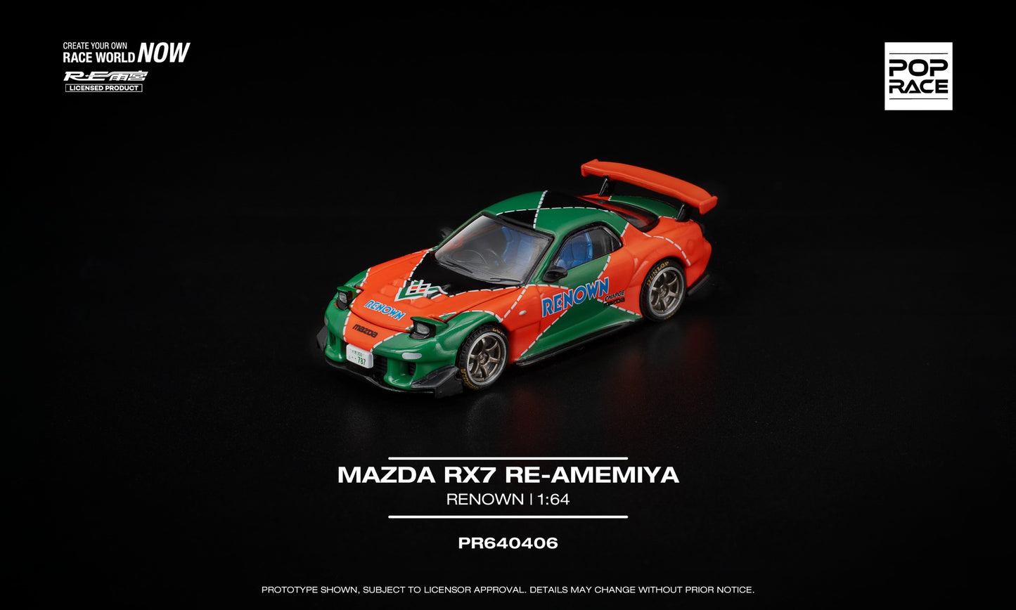 POP Race 1:64 Mazda RX-7 RE-Amemiya Renown with pop-up headlights in racing livery. Front