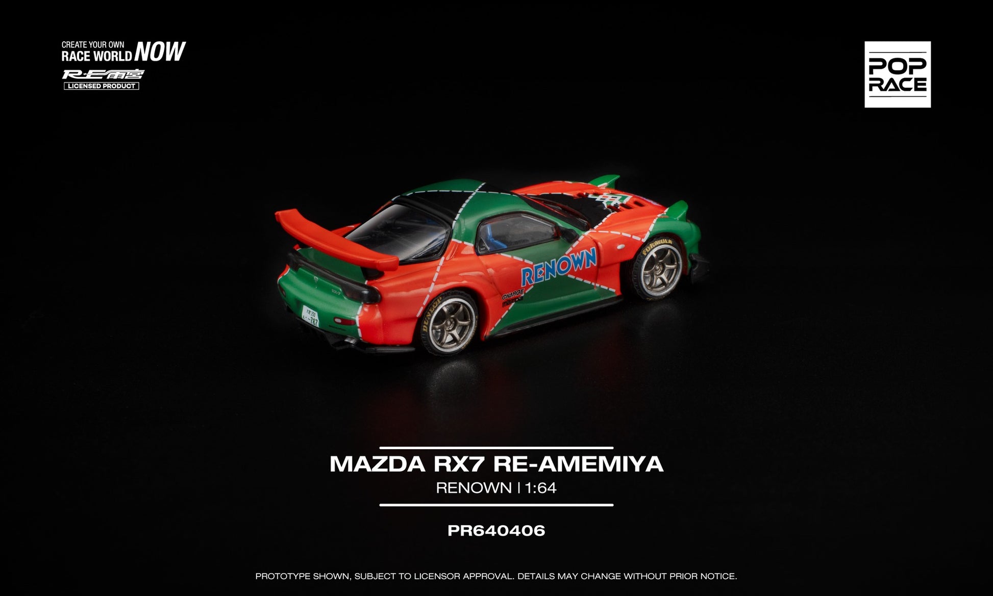 POP Race 1:64 Mazda RX-7 RE-Amemiya Renown with pop-up headlights in racing livery. Back