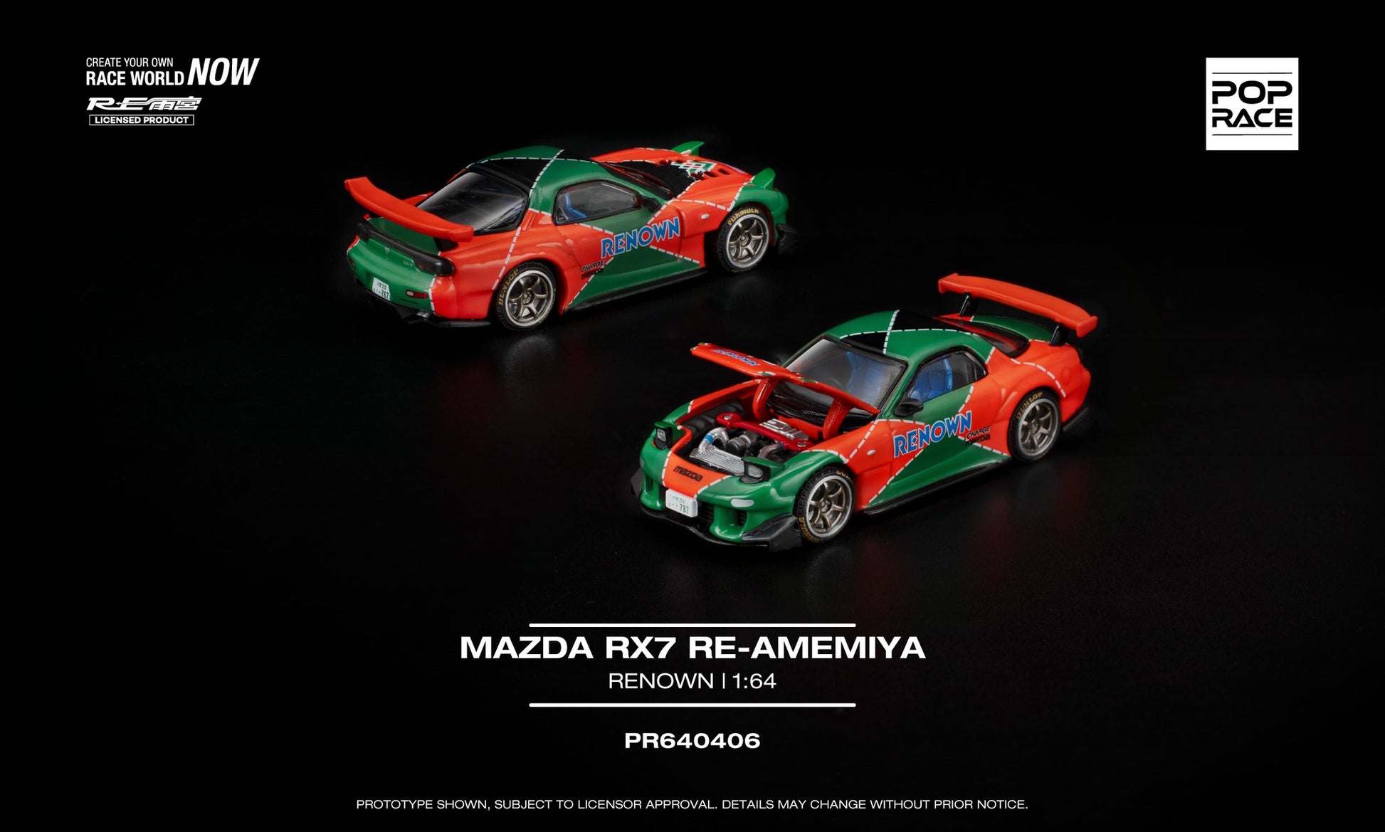 POP Race 1:64 Mazda RX-7 RE-Amemiya Renown with pop-up headlights in racing livery.