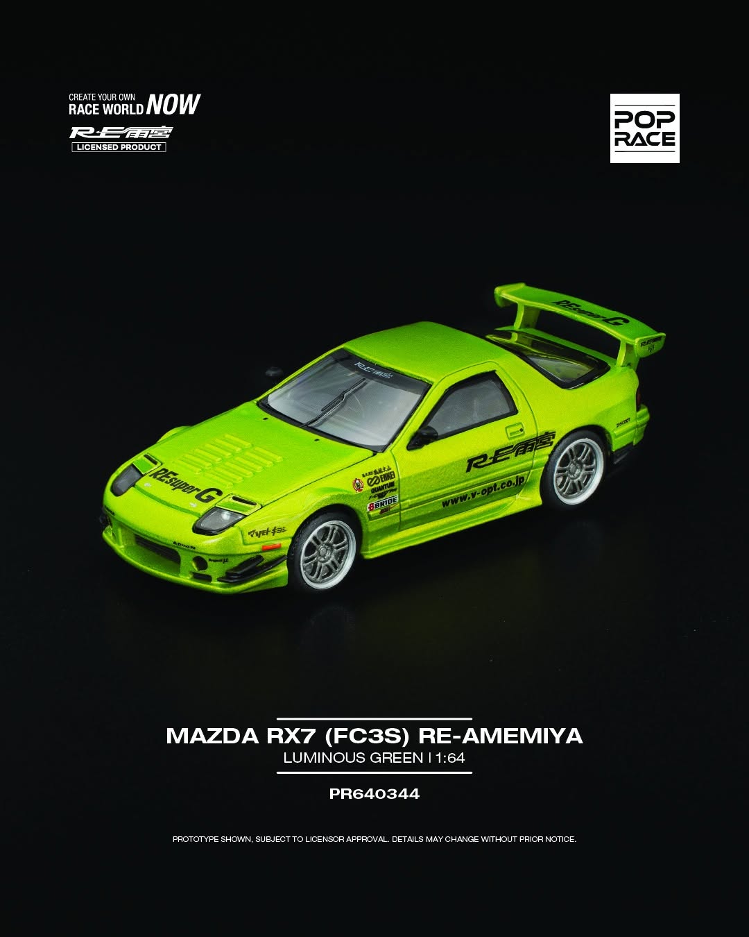 1:64 POP Race Mazda RX7 FC3S RE-Amemiya in luminous green with aero kit and rear wing. Front