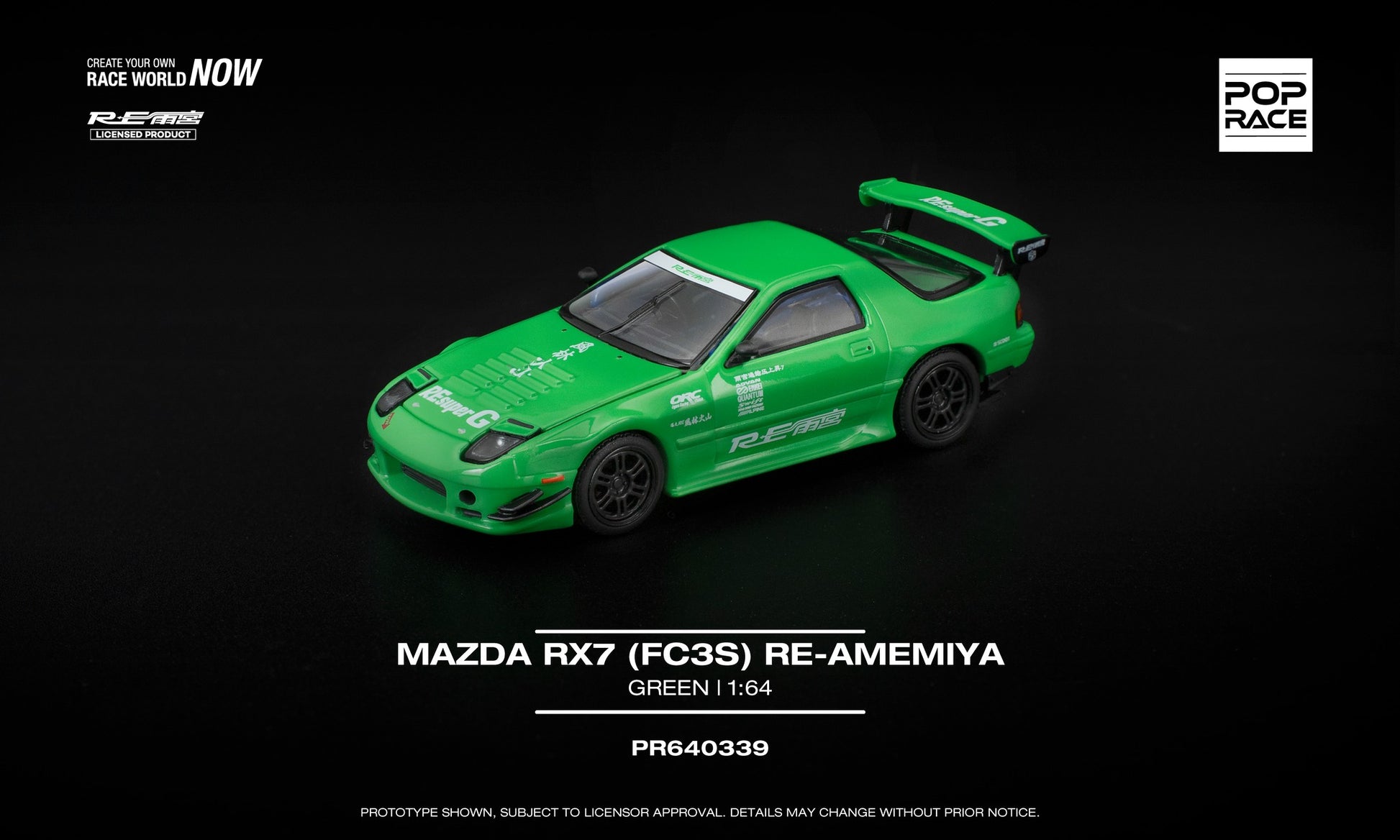 1:64 POP Race Mazda RX-7 FC3S RE-Amemiya Green with opening front and detailed rotary engine. Front