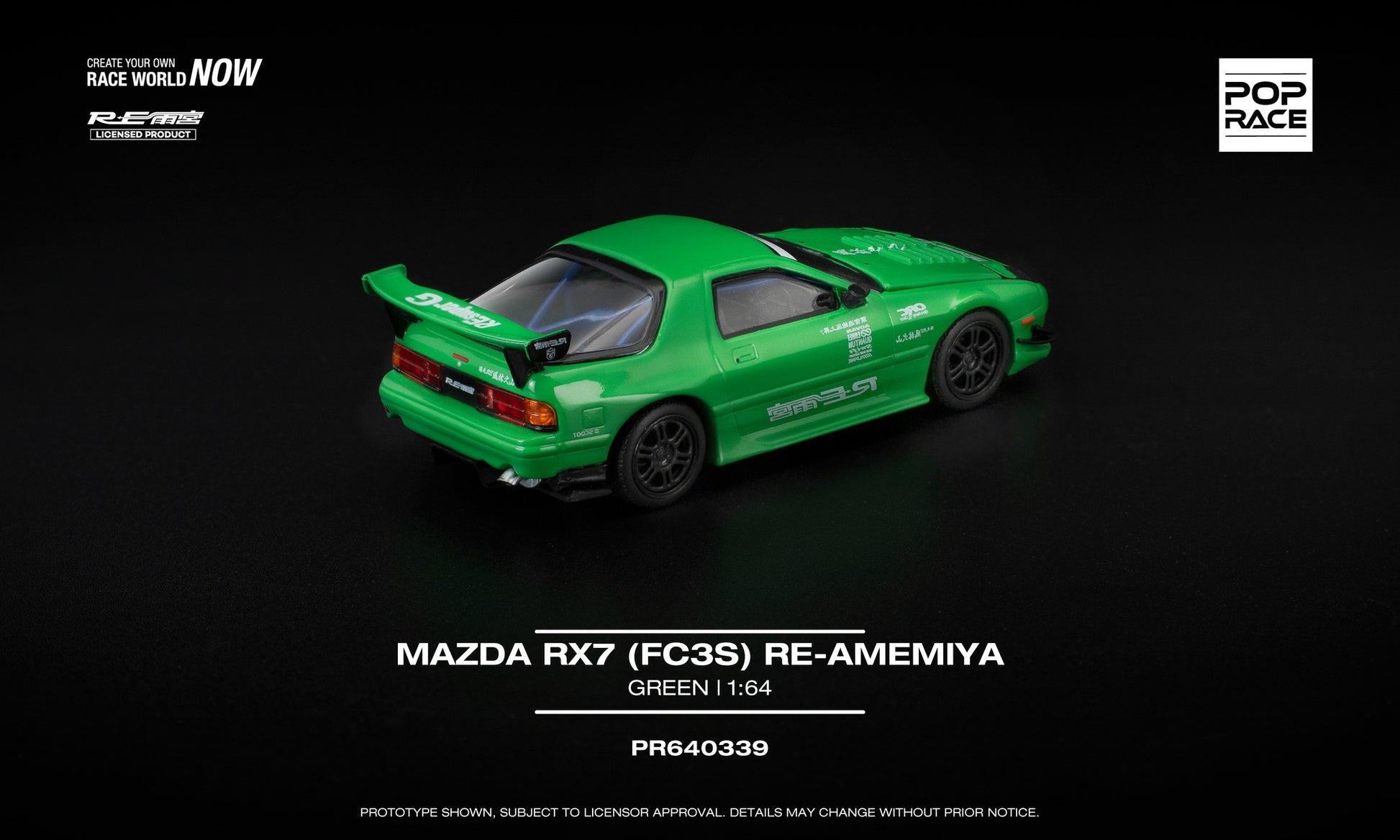 1:64 POP Race Mazda RX-7 FC3S RE-Amemiya Green with opening front and detailed rotary engine. Back