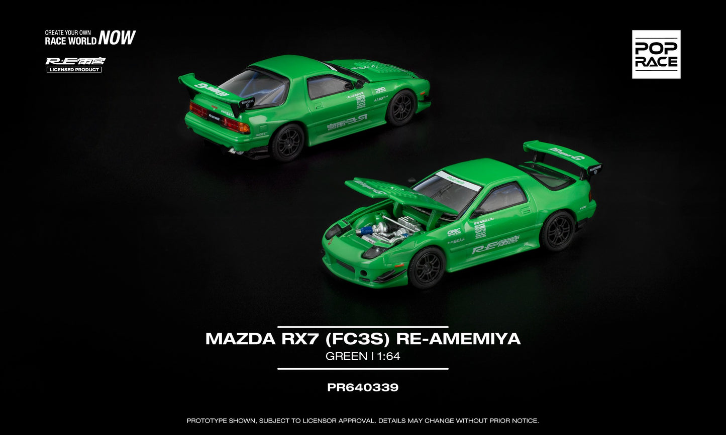 1:64 POP Race Mazda RX-7 FC3S RE-Amemiya Green with opening front and detailed rotary engine.
