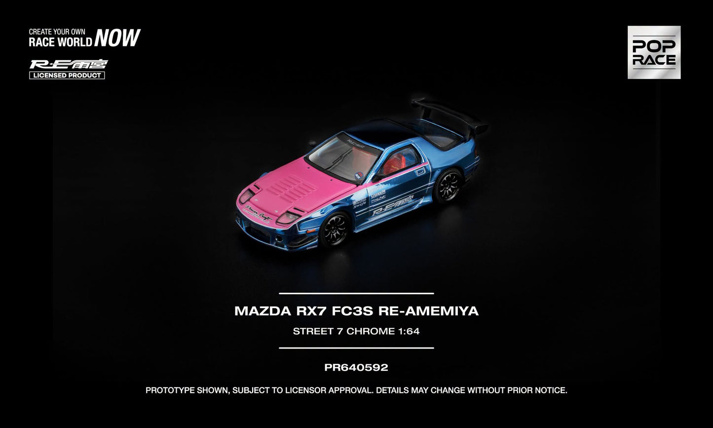 POP RACE Mazda RX-7 FC3S RE-Amemiya Street 7 Chrome with opening hood.