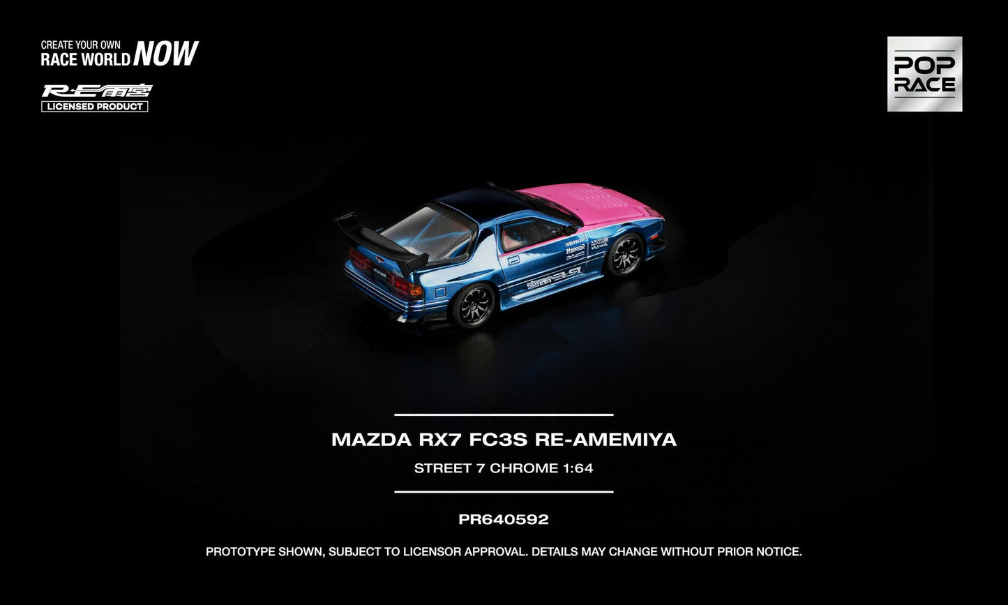 POP RACE Mazda RX-7 FC3S RE-Amemiya Street 7 Chrome with opening hood.
