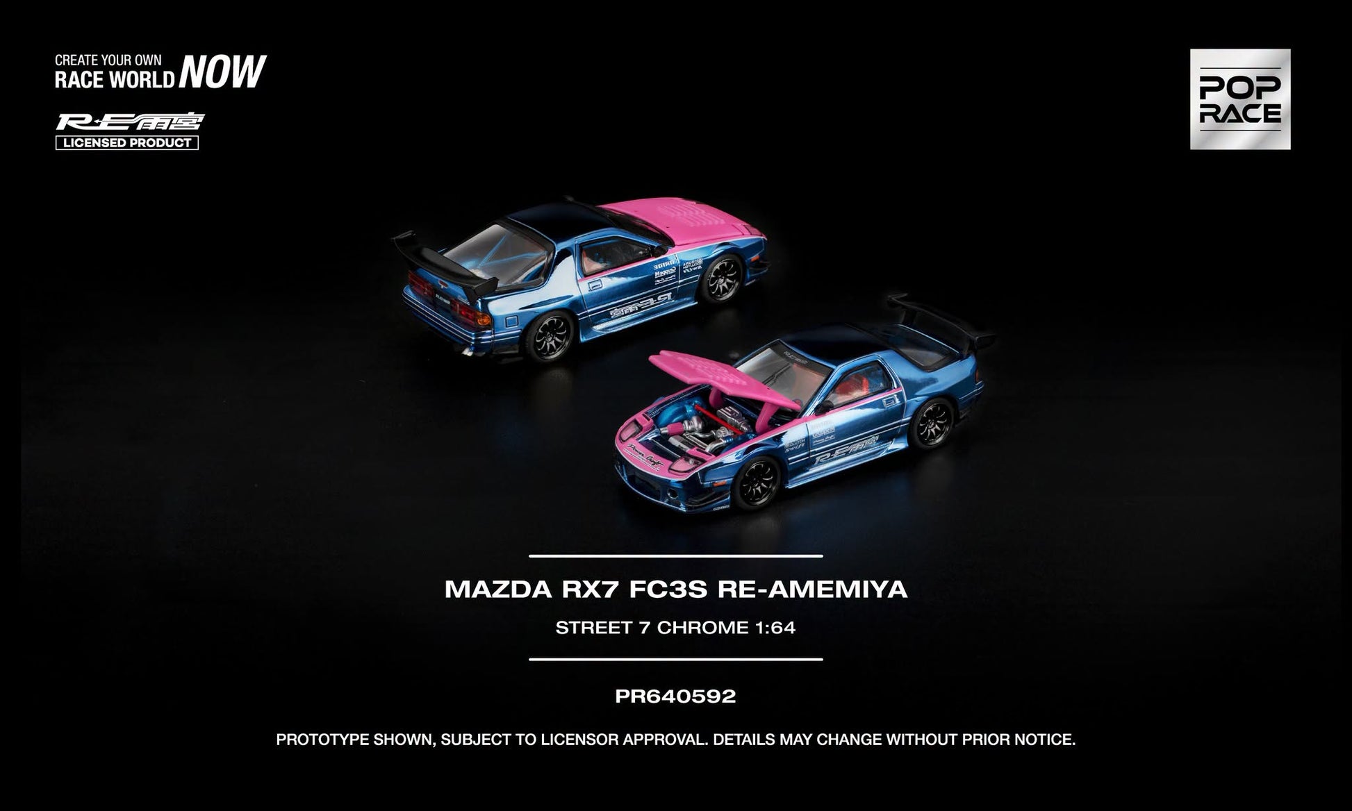 POP RACE Mazda RX-7 FC3S RE-Amemiya Street 7 Chrome with opening hood.