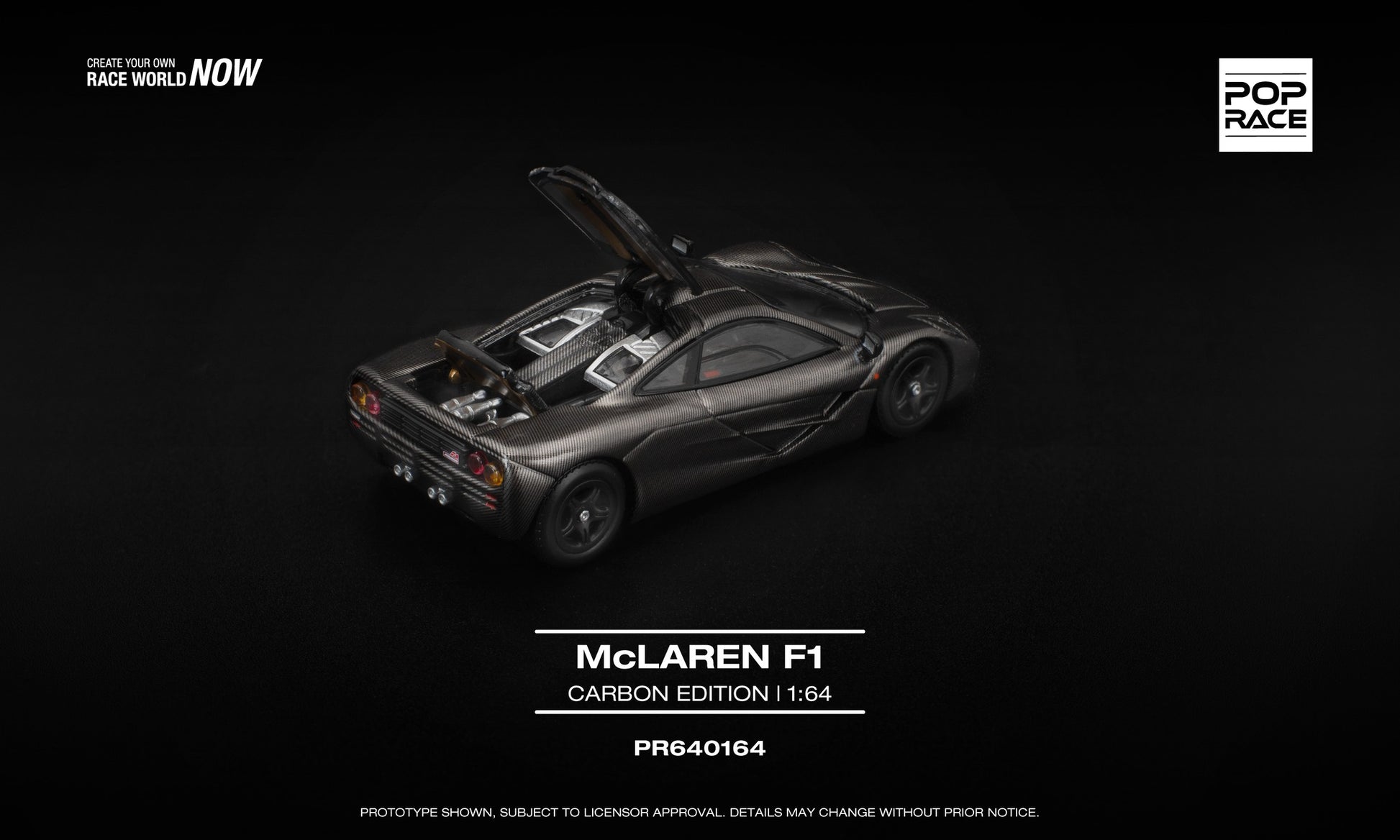 POP Race 1:64 McLaren F1 Carbon Edition in full carbon-fiber texture finish with twin opening covers displaying detailed engine and rear compartment. Back