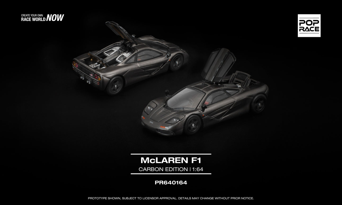 POP Race 1:64 McLaren F1 Carbon Edition in full carbon-fiber texture finish with twin opening covers displaying detailed engine and rear compartment.