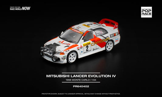 POP Race 1:64 Mitsubishi Lancer Evolution IV 1998 Monte Carlo Rally diecast car. Front
