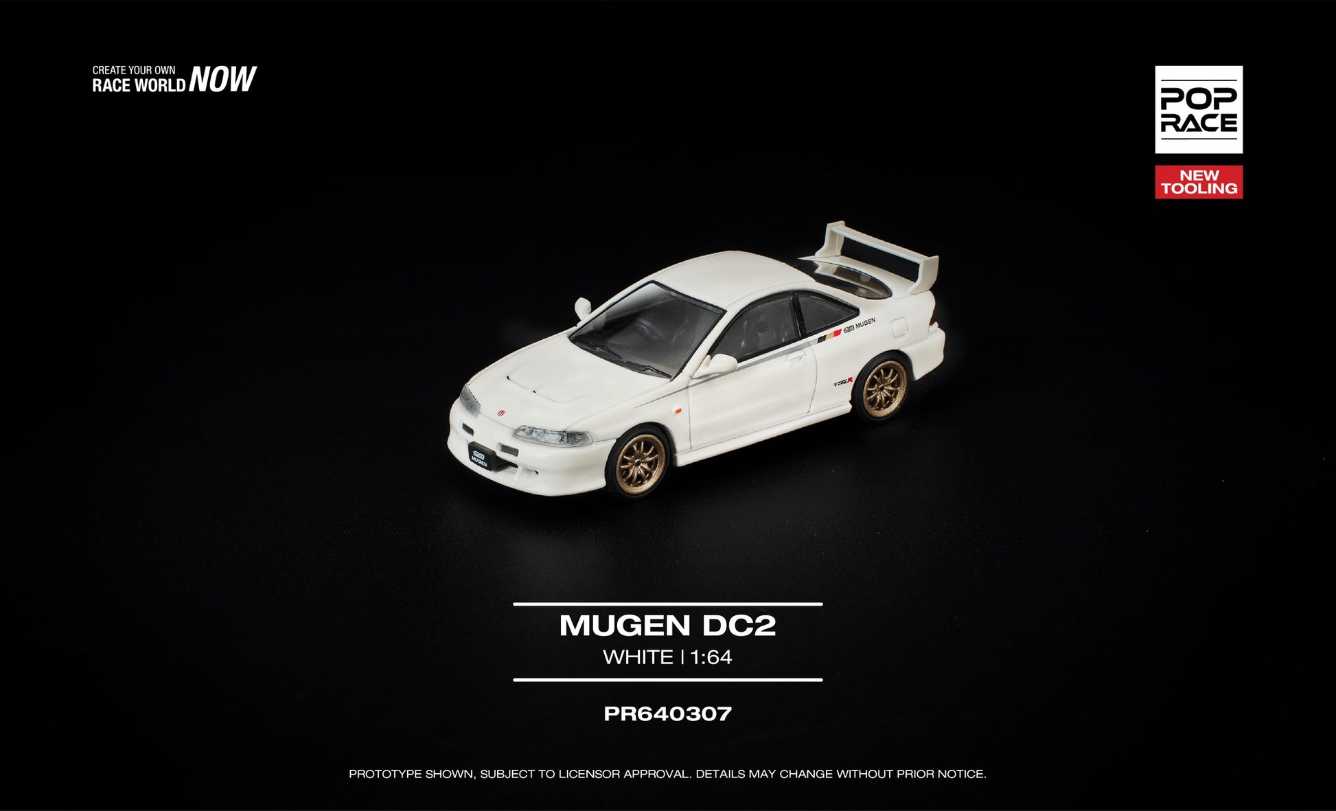 POP Race 1:64 Mugen Honda Integra DC2 frost white with gold wheels opening hood diecast model. Front