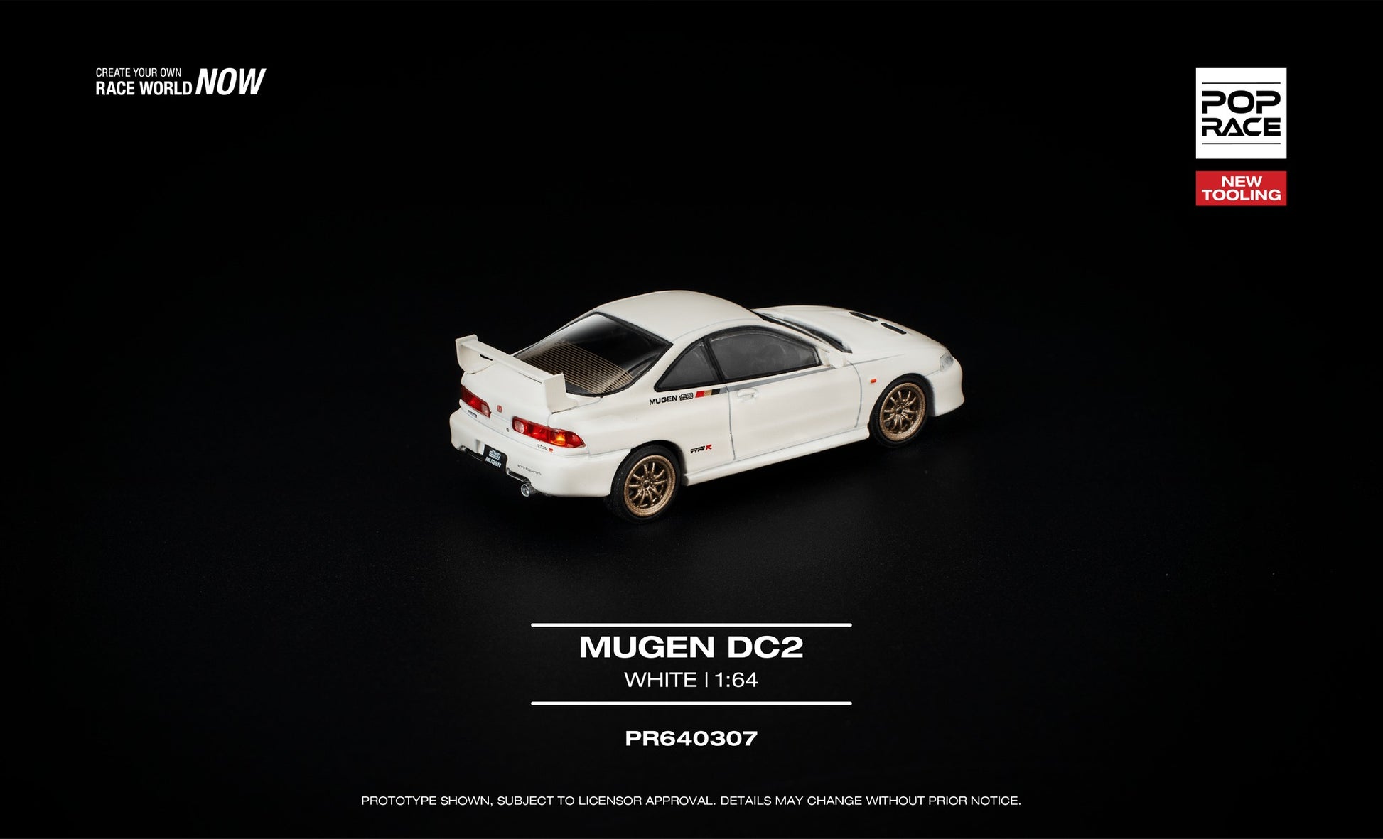 POP Race 1:64 Mugen Honda Integra DC2 frost white with gold wheels opening hood diecast model. Back