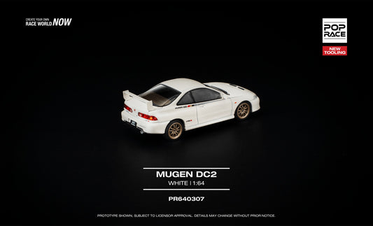 POP Race 1:64 Mugen Honda Integra DC2 frost white with gold wheels opening hood diecast model. Back