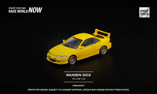 POP Race Honda Integra DC2 MUGEN in Phoenix Yellow with opening vented hood and detailed engine. Front