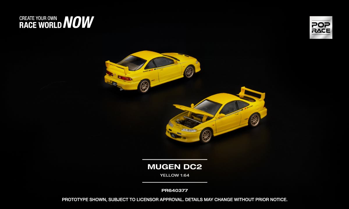 POP Race Honda Integra DC2 MUGEN in Phoenix Yellow with opening vented hood and detailed engine.