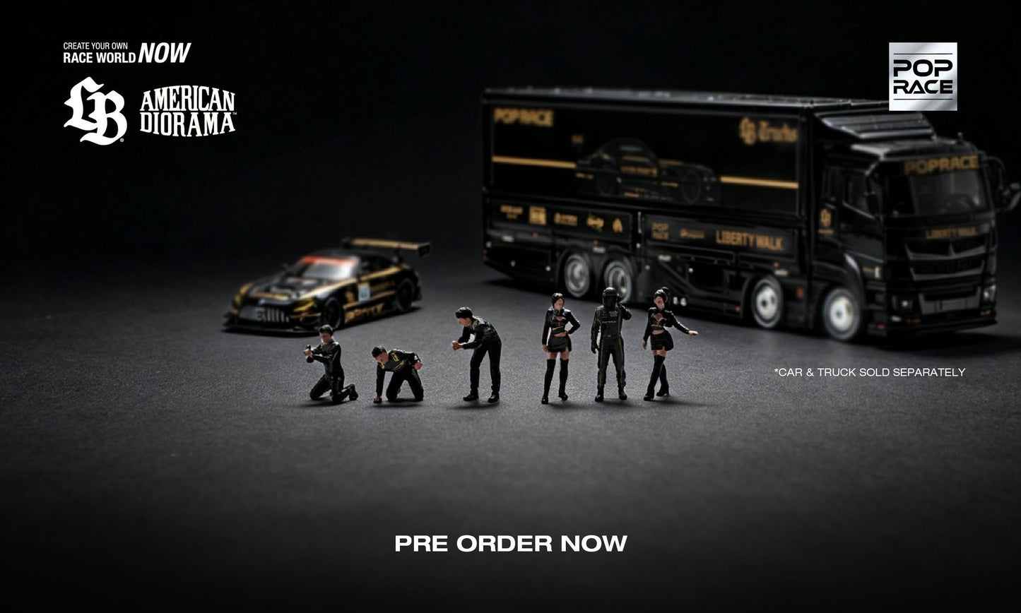 POP RACE Liberty Walk Racing Team Set with AMG GT3 EVO, transporter truck and six pit crew figures.