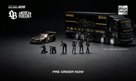 POP RACE Liberty Walk Racing Team Set with AMG GT3 EVO, transporter truck and six pit crew figures.