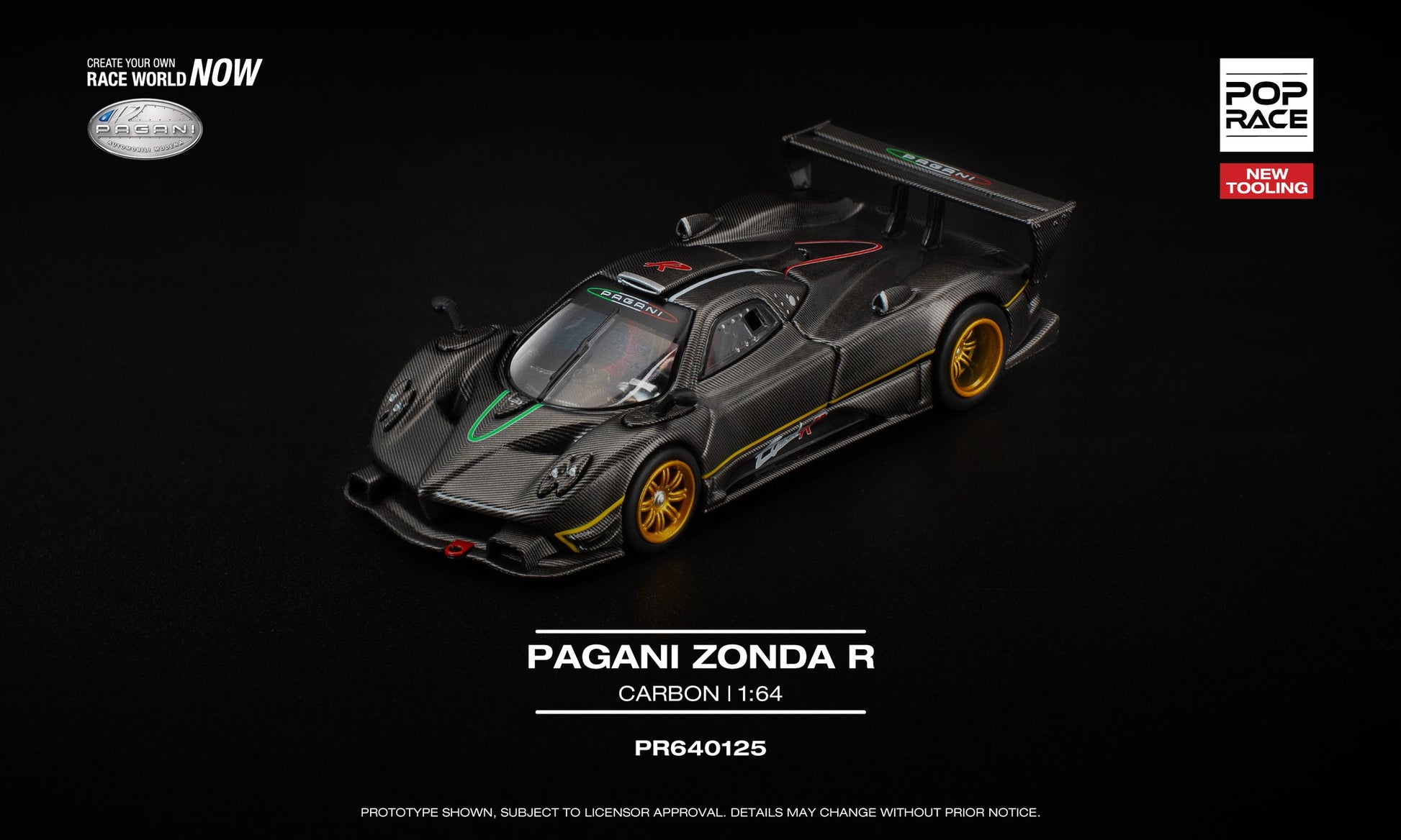 POP Race 1:64 Pagani Zonda R Carbon model with removable front and rear panels, showing detailed engine and interior. Front
