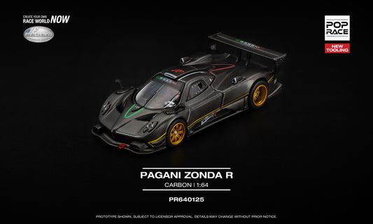 POP Race 1:64 Pagani Zonda R Carbon model with removable front and rear panels, showing detailed engine and interior. Front