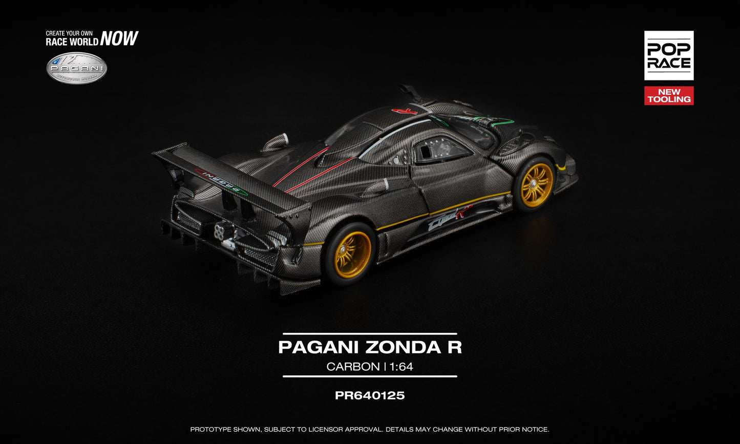 POP Race 1:64 Pagani Zonda R Carbon model with removable front and rear panels, showing detailed engine and interior. Back