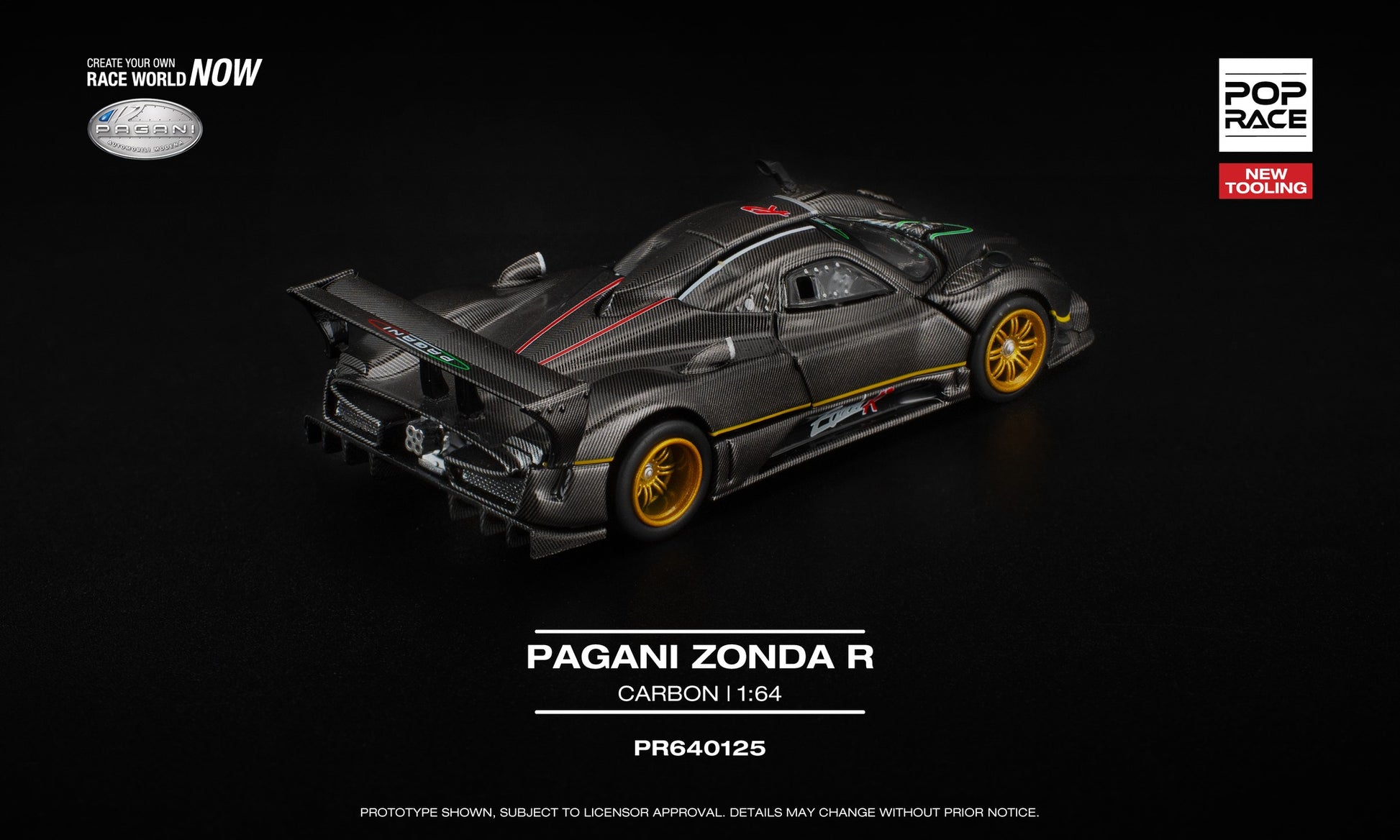 POP Race 1:64 Pagani Zonda R Carbon model with removable front and rear panels, showing detailed engine and interior. Back