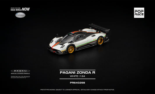 POP Race 1:64 Pagani Zonda R white track hypercar with removable covers diecast model. Front