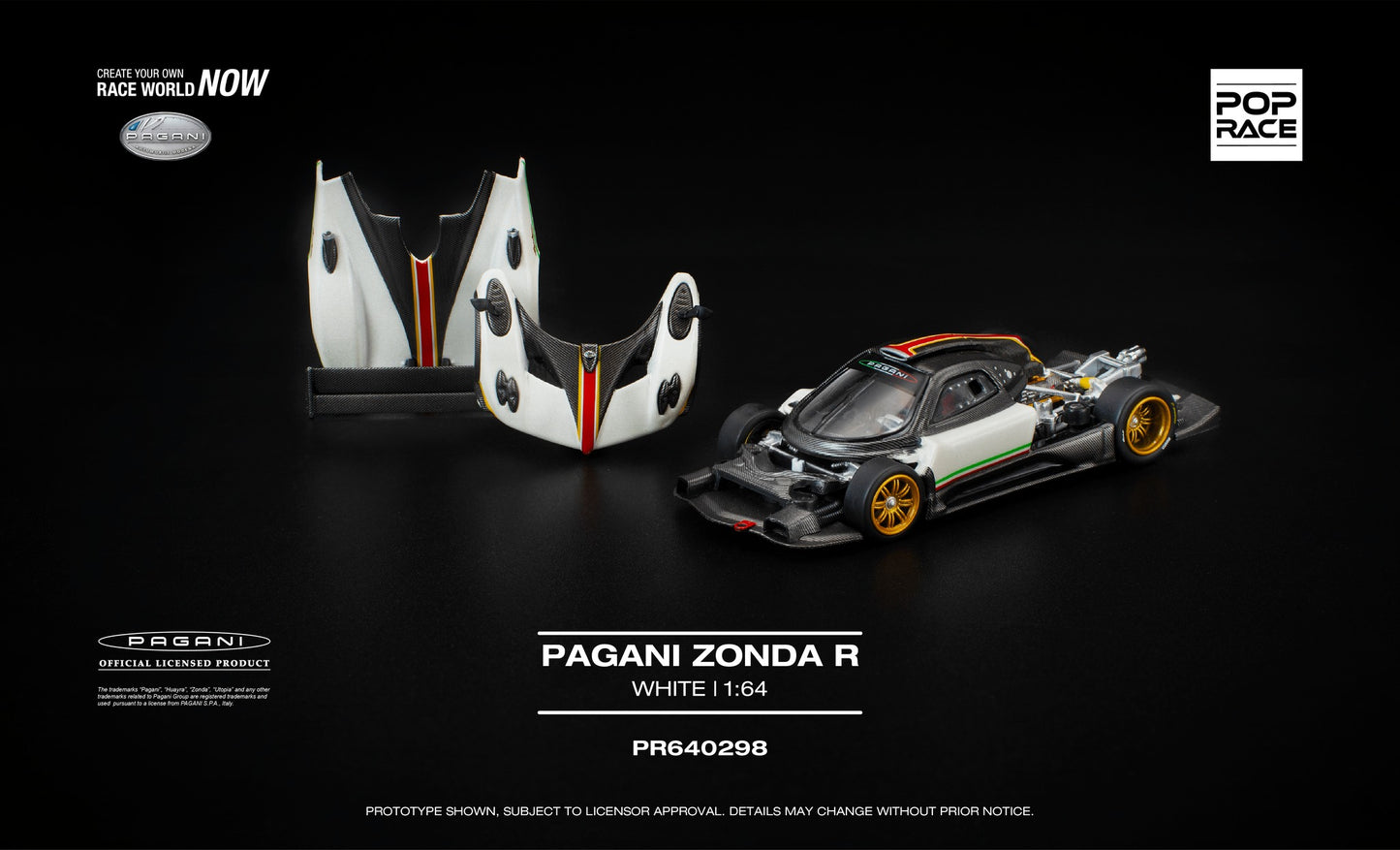 POP Race 1:64 Pagani Zonda R white track hypercar with removable covers diecast model.