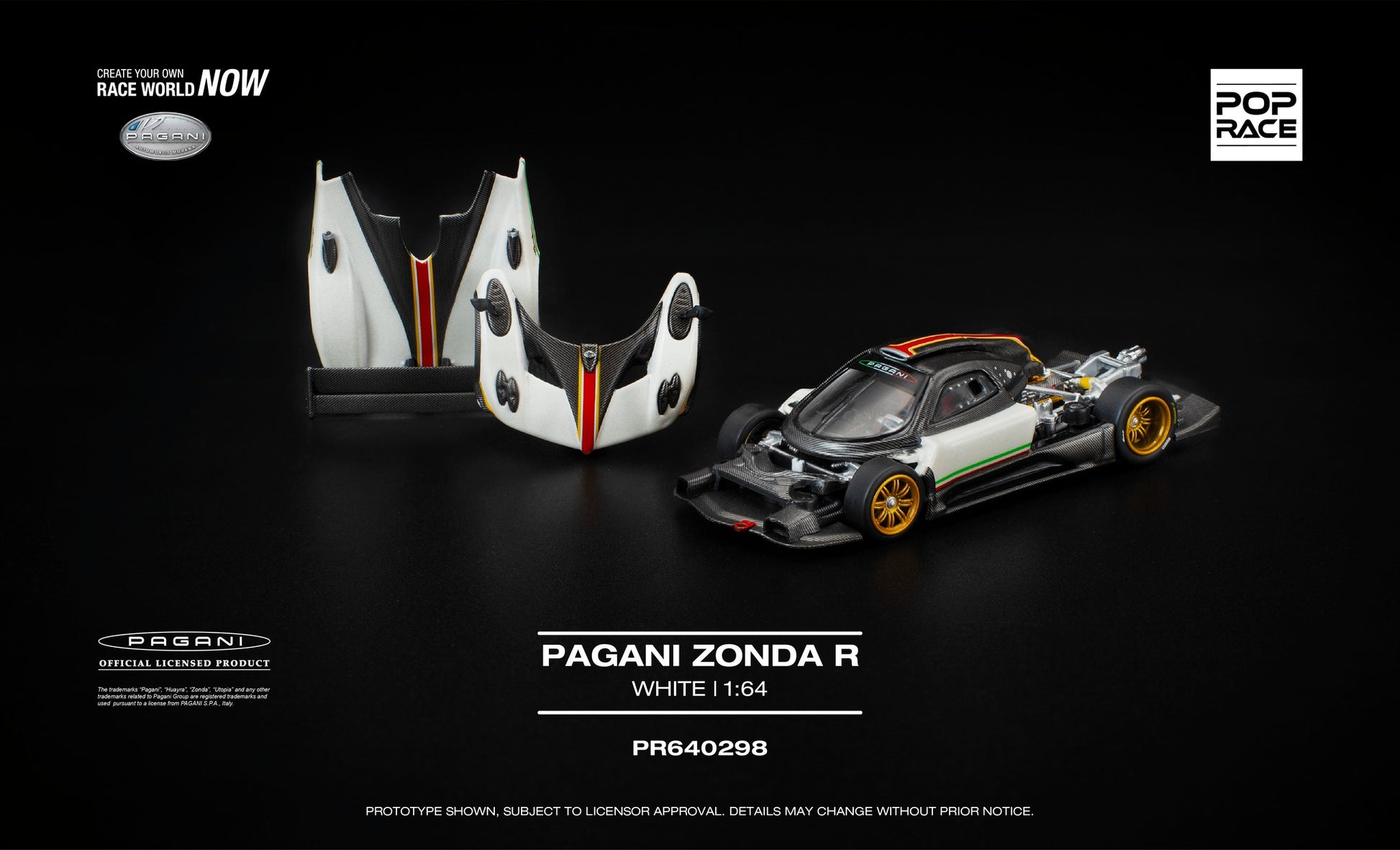 POP Race 1:64 Pagani Zonda R white track hypercar with removable covers diecast model.