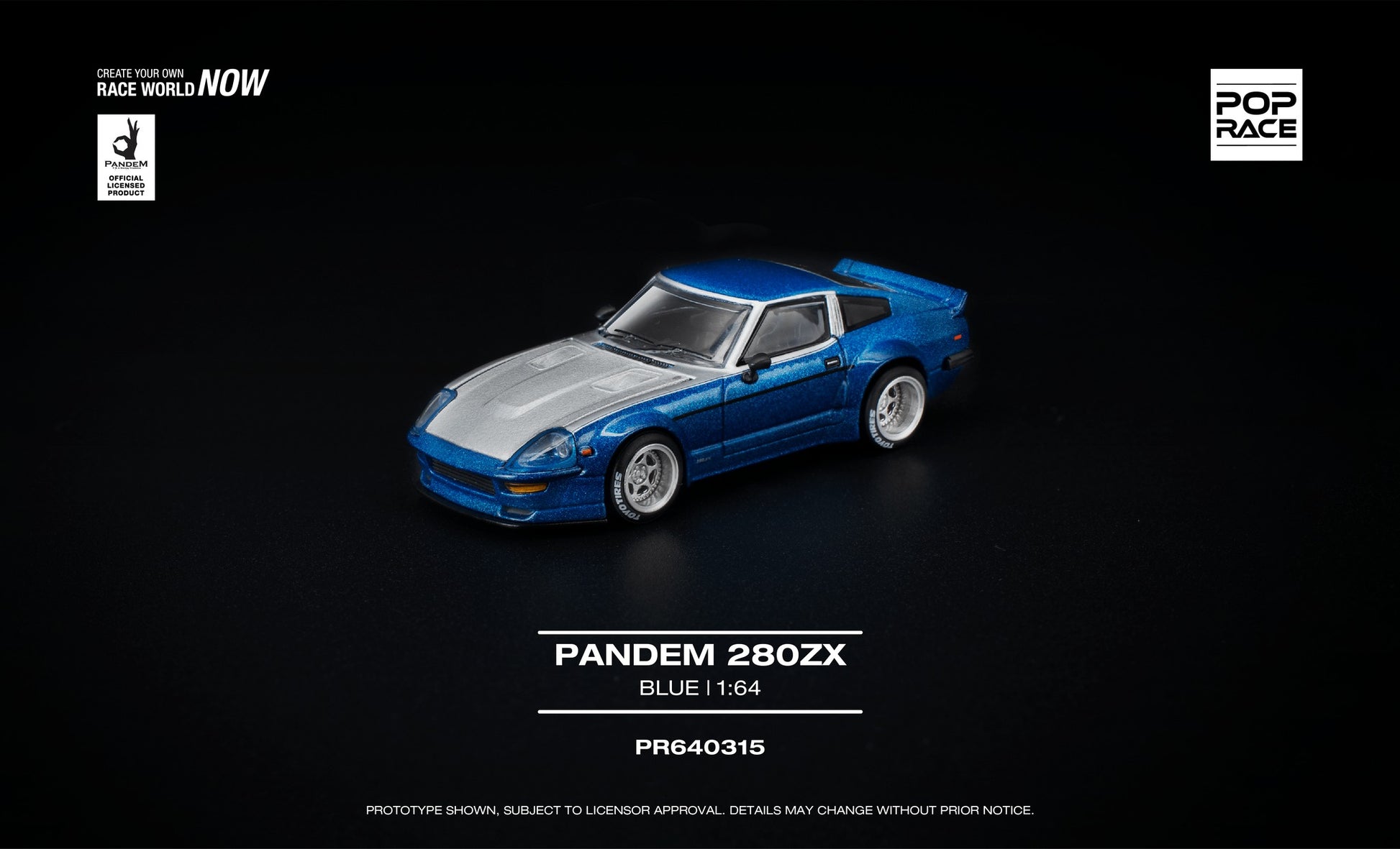 POP Race Pandem Nissan 280ZX blue silver metalflake opening front diecast 1:64. Front
