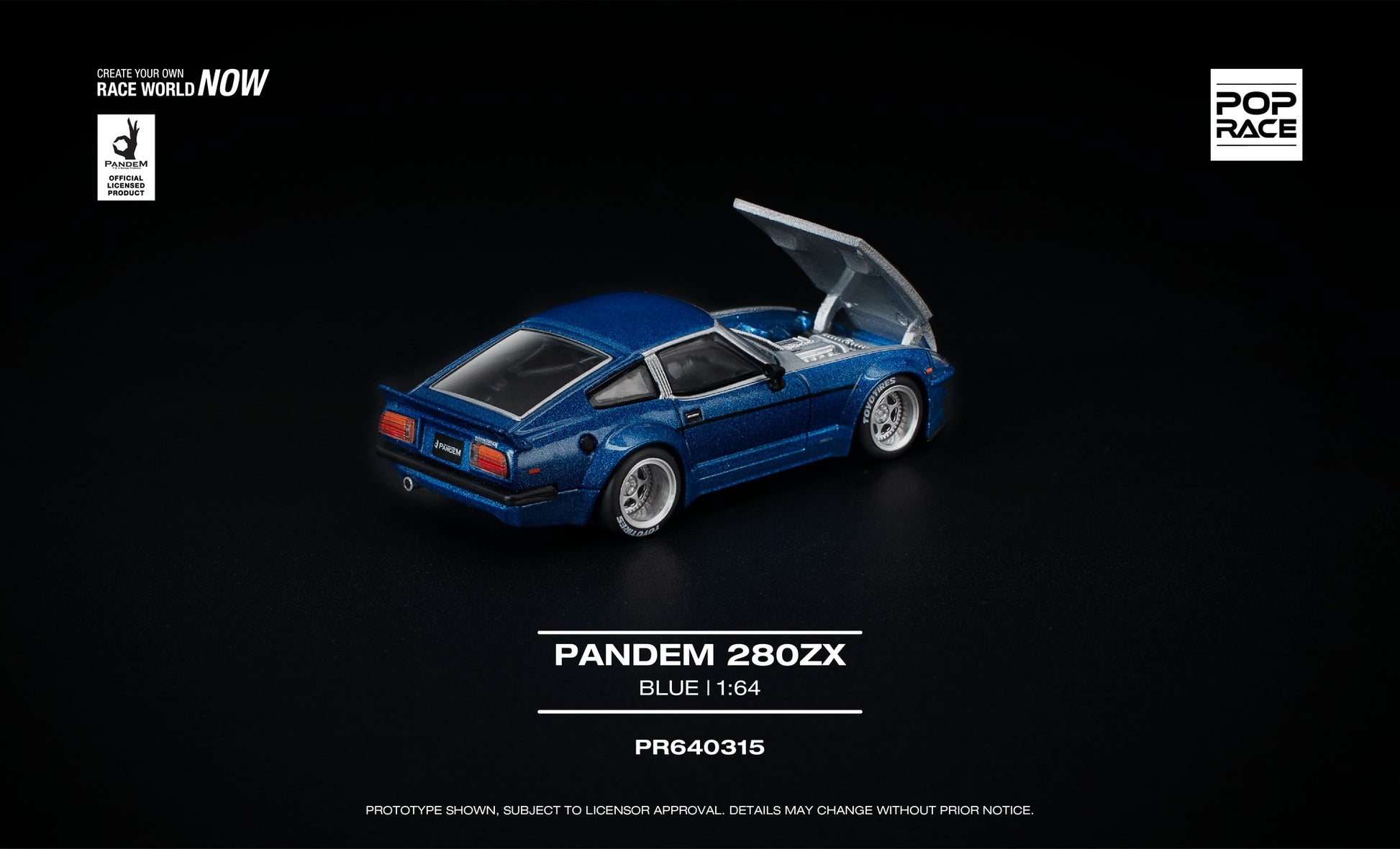 POP Race Pandem Nissan 280ZX blue silver metalflake opening front diecast 1:64. Back
