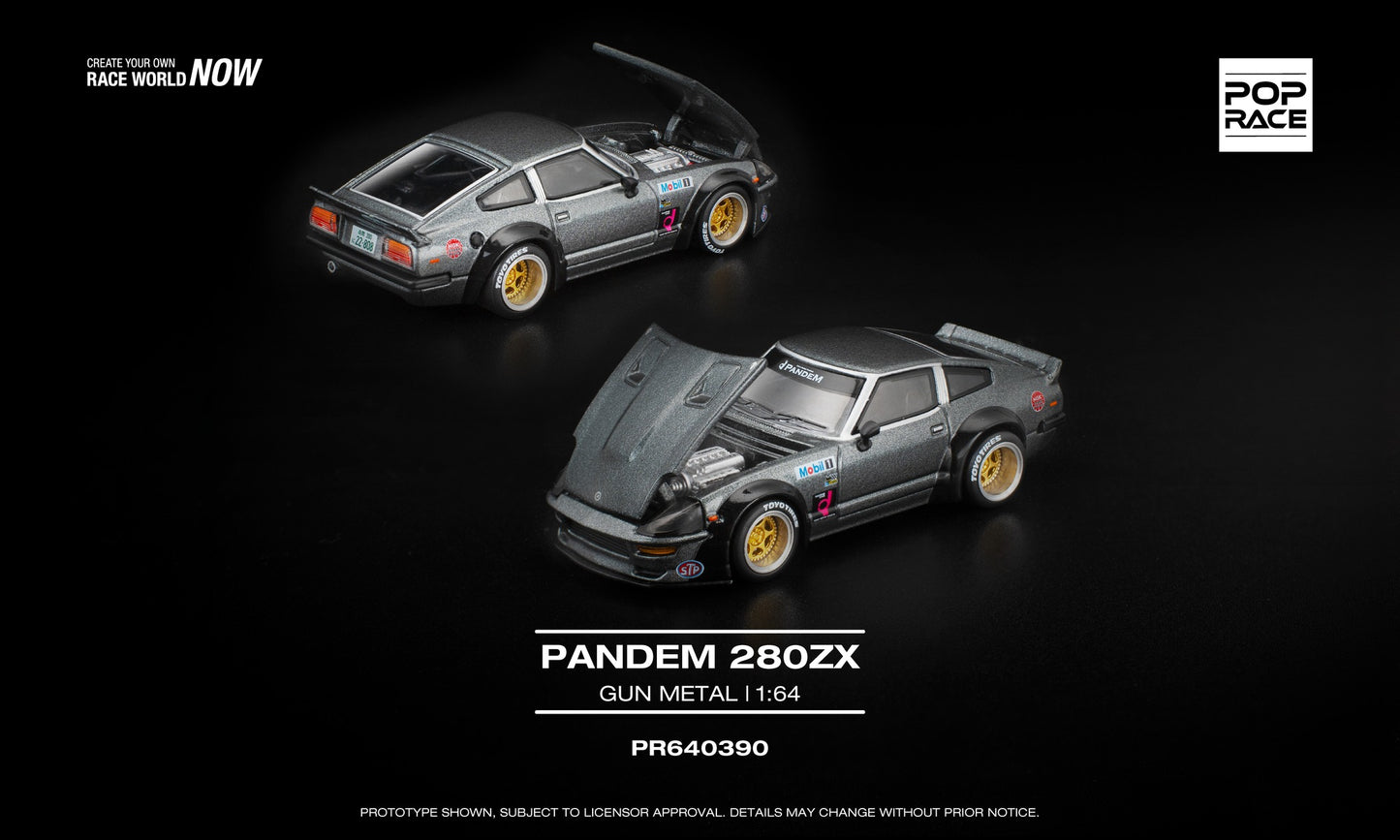 POP Race 1:64 Pandem 280ZX in metallic gunmetal grey with wide-body fenders, detailed interior, and open forward-tilting hood showing engine detail.