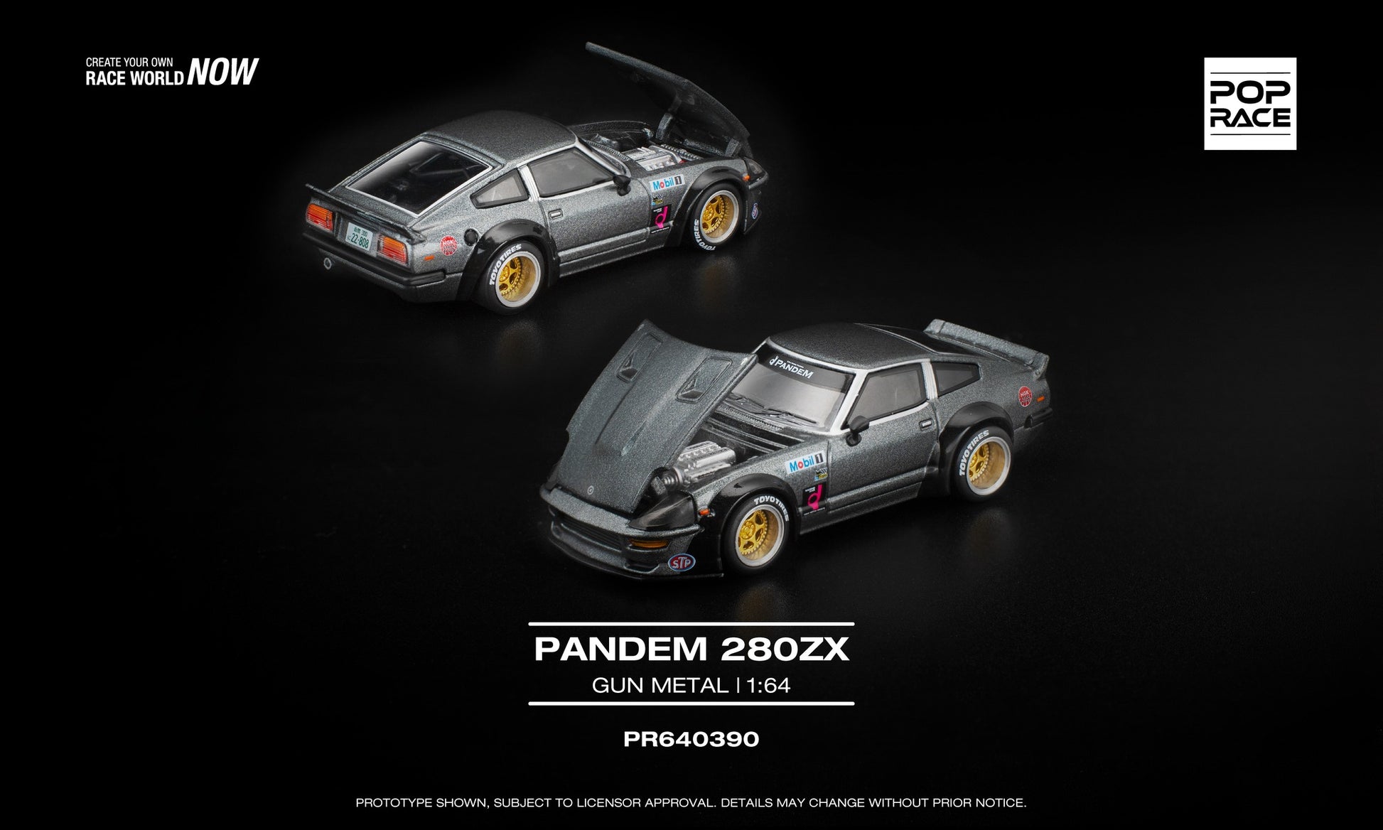 POP Race 1:64 Pandem 280ZX in metallic gunmetal grey with wide-body fenders, detailed interior, and open forward-tilting hood showing engine detail.