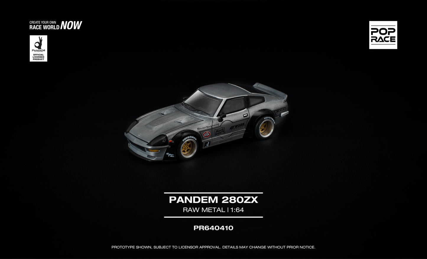 POP Race 1:64 Pandem Datsun 280ZX raw metal widebody with opening hood diecast model. Front