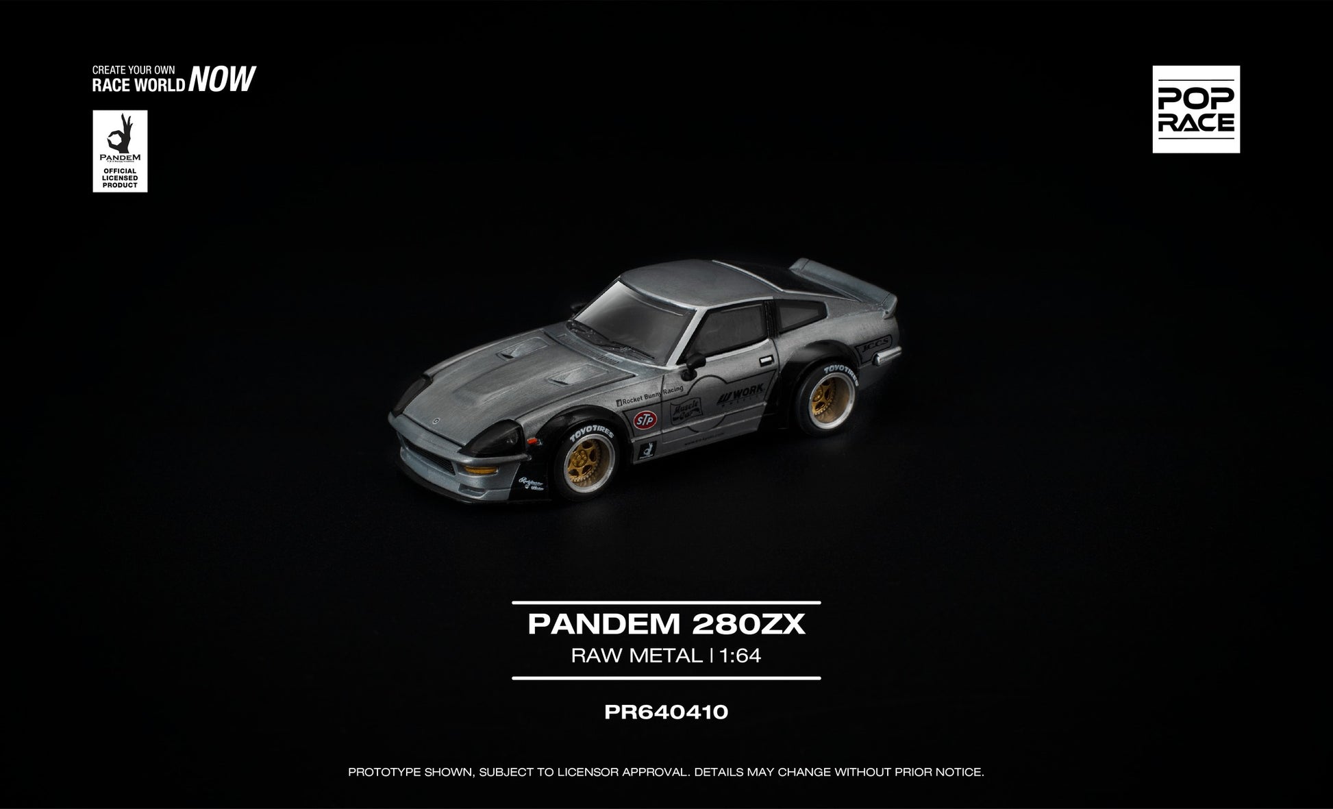 POP Race 1:64 Pandem Datsun 280ZX raw metal widebody with opening hood diecast model. Front