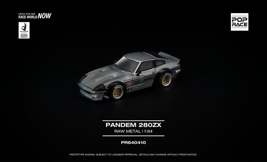 POP Race 1:64 Pandem Datsun 280ZX raw metal widebody with opening hood diecast model. Front