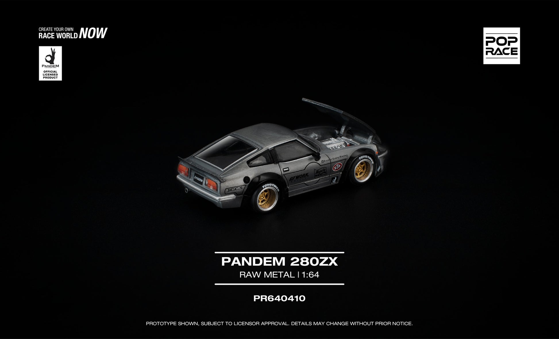 POP Race 1:64 Pandem Datsun 280ZX raw metal widebody with opening hood diecast model. Back