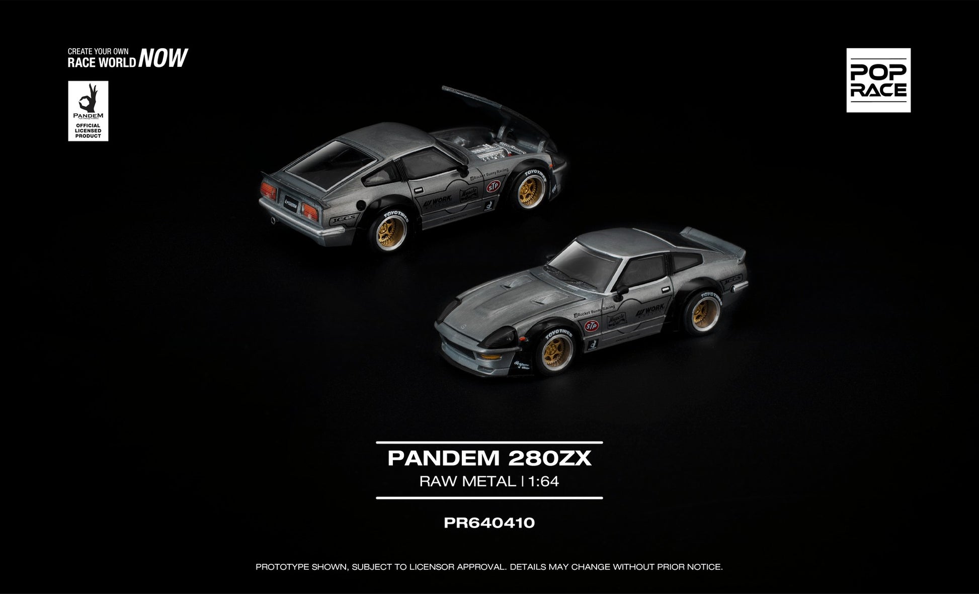 POP Race 1:64 Pandem Datsun 280ZX raw metal widebody with opening hood diecast model