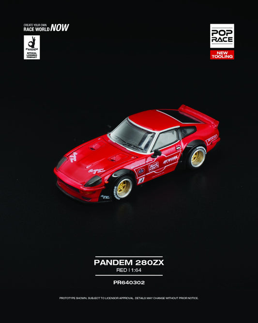 POP Race 1:64 Pandem 280ZX Red die-cast car featuring widebody fenders, red finish, and black performance detailing. front left image