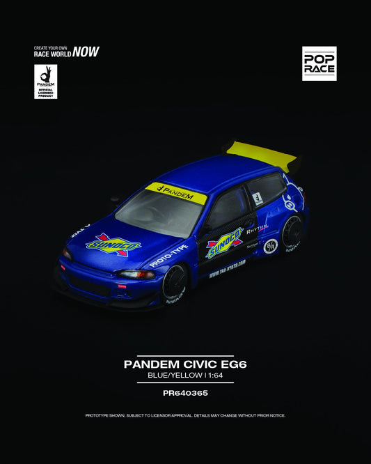 1:64 scale POP Race Pandem Honda Civic EG6 in blue and yellow livery with widebody kit. Front
